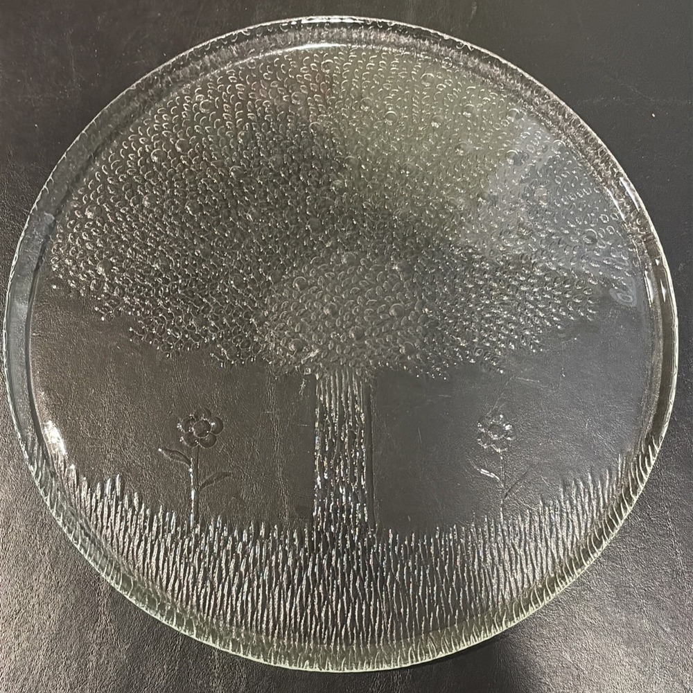 Textured Bubble Glass Round 13 inch Wide Dessert Server Plate Tree Flowers